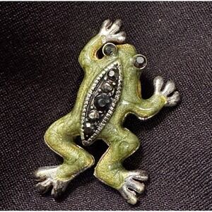 Vintage Green Toad Frog Brooch Pin Marcasite Gothic Whimsical Forest Fairy